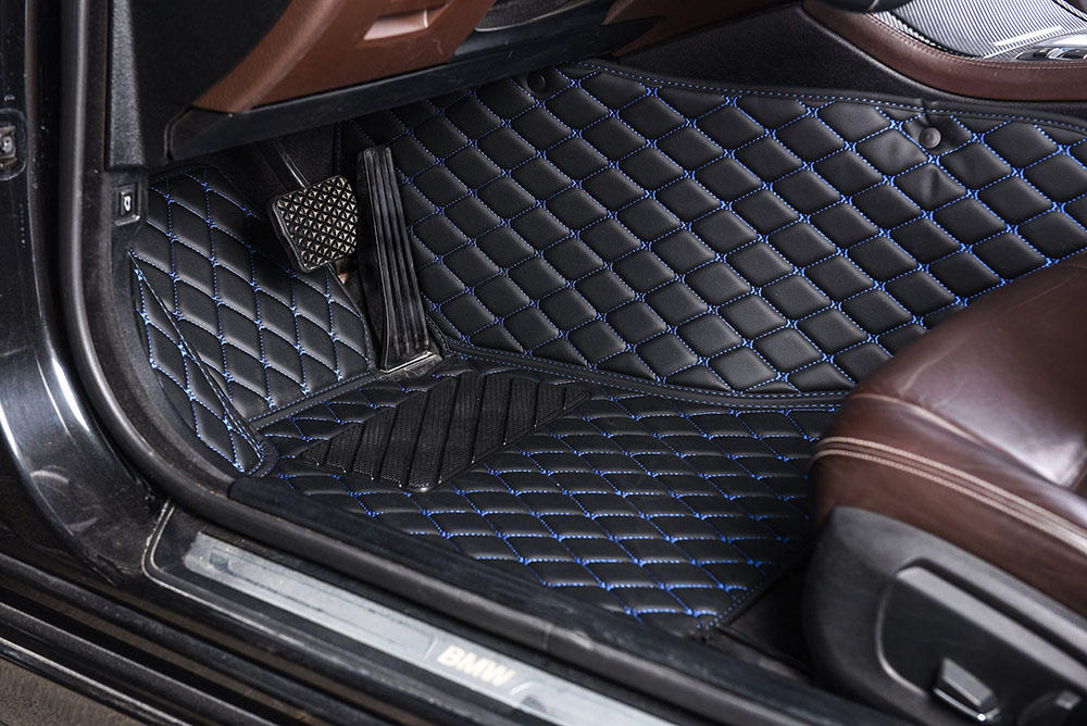 Black and Blue Stitching Luxury Leather Diamond Car Mats Stores